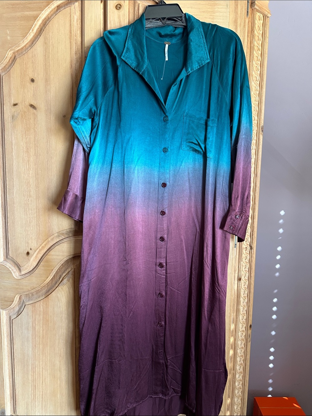 Ombre Button-Front Maxi Satin Shirt Dress in Teal to Plum